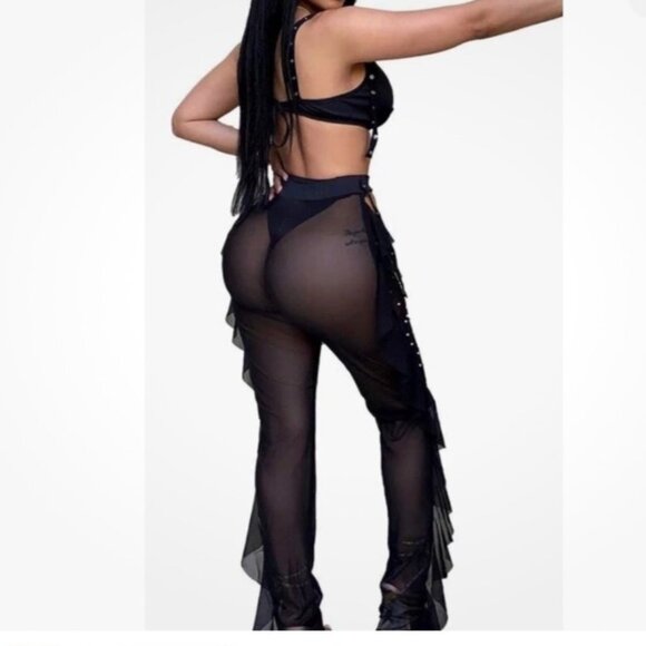 Sexy Black Sheer Mesh Pearl Embellished Two-Piece Set Ruffle Chaps Women Size XL - Picture 16 of 16